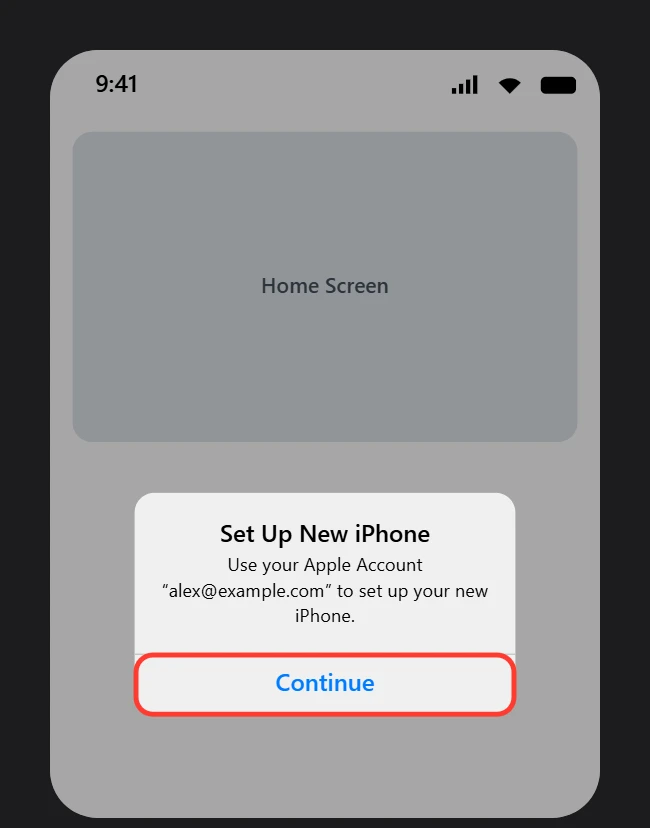 Old iPhone showing the Set Up New iPhone card with the Continue button highlighted