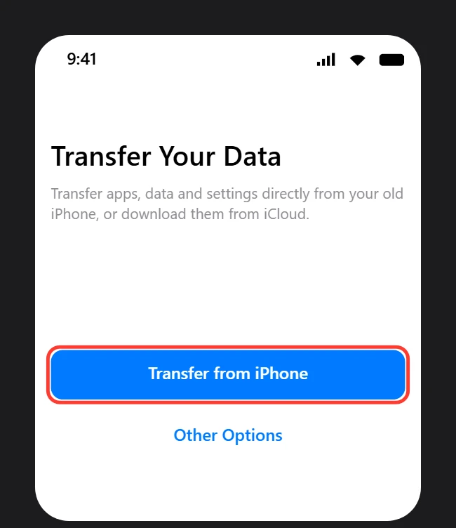 New iPhone setup screen titled Transfer Your Data with the option to transfer directly from iPhone highlighted
